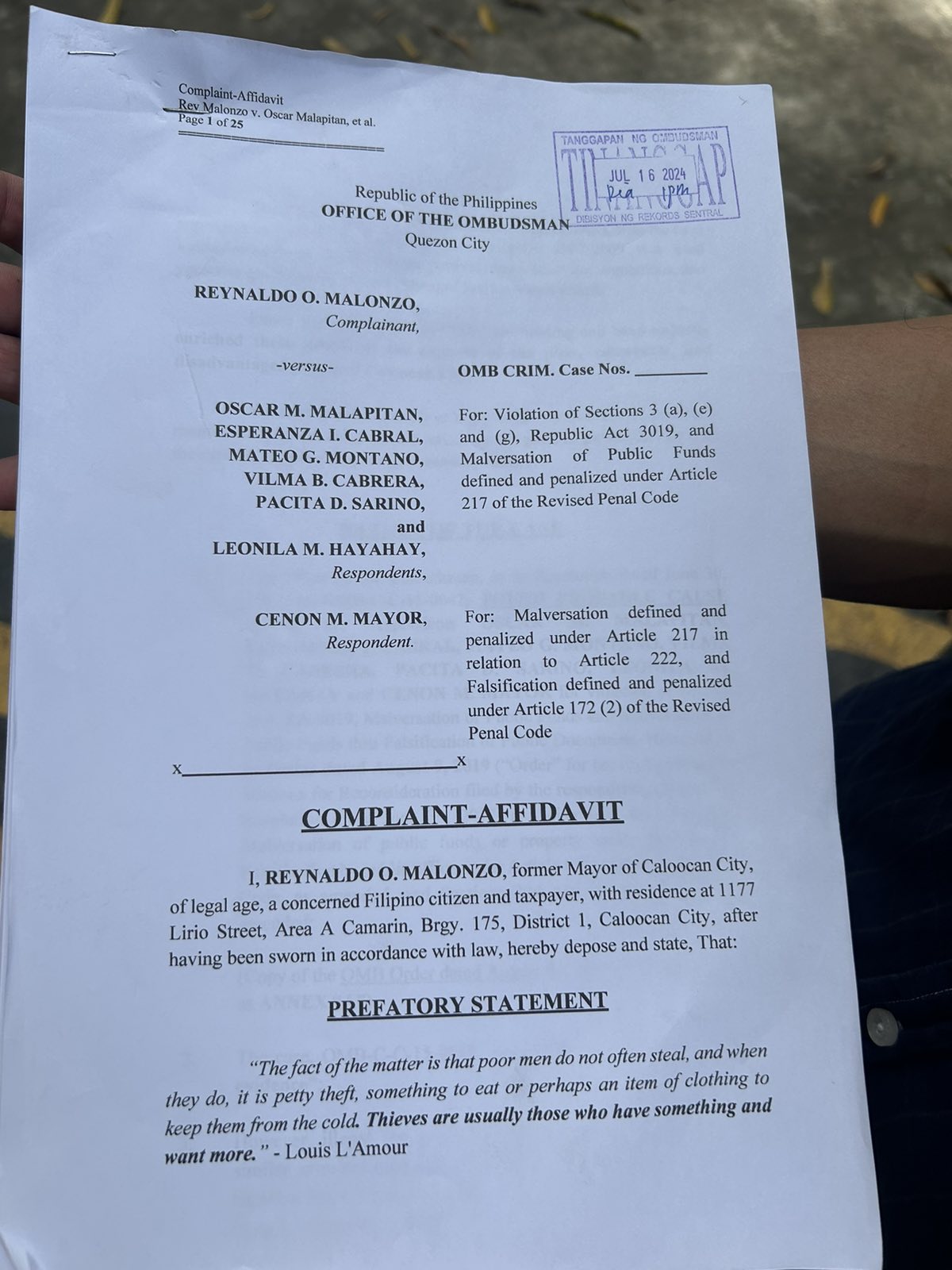 Corruption case against Malapitan filed before the Ombudsman